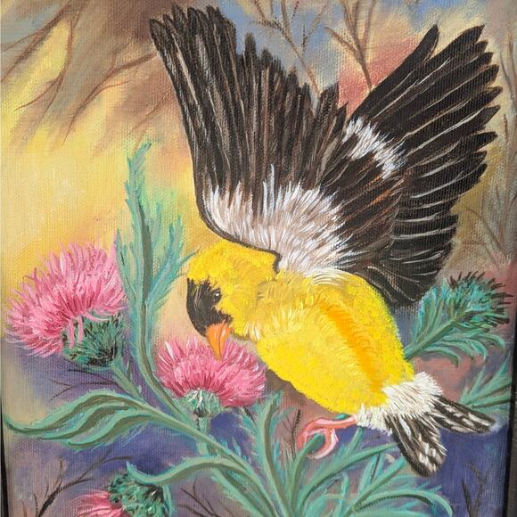 Goldfinch Bird Thistle Painting Framed Original Art 8x10 Canvas Signed Acrylic - Picture 3 of 11